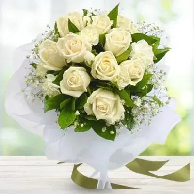 Dozen Premium White Roses with Greens