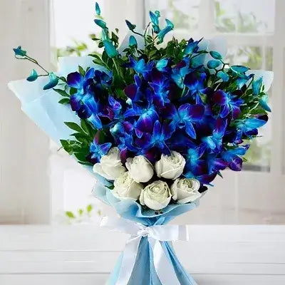 Mesmerising Bunch of Blue Orchids and White Roses