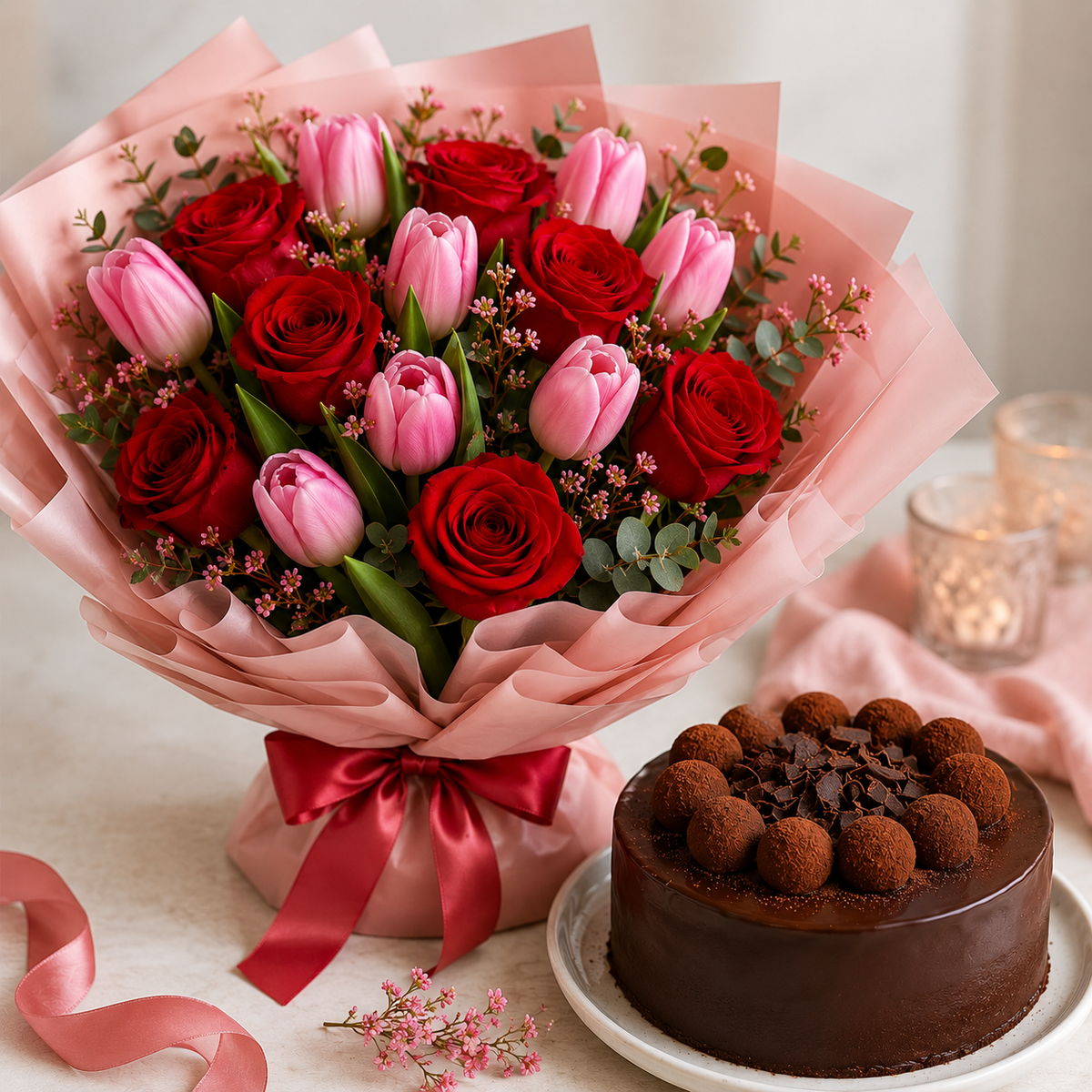 Pink Tulips and Red Roses Bouquet with Truffle Cake