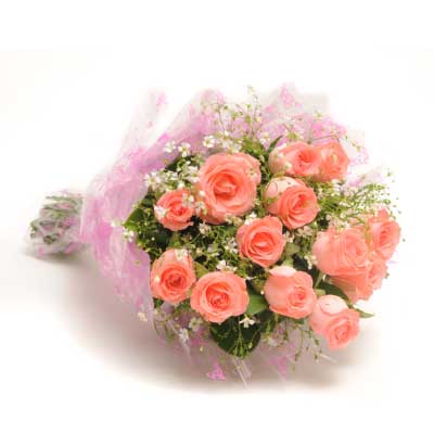 Bunch of 12 baby pink roses with fillers.