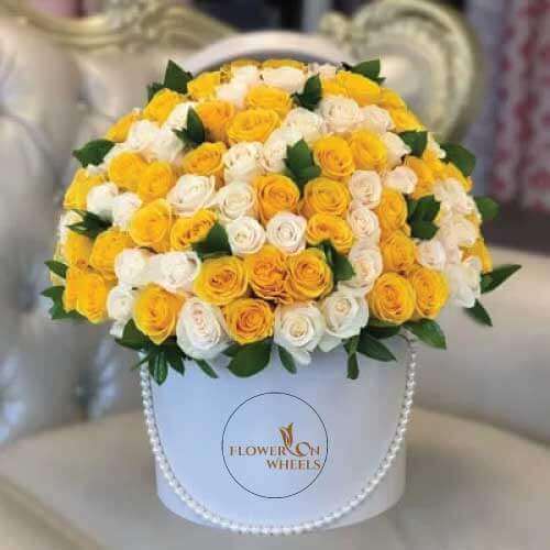 Sunshine Flowerbox -70 Stems of Yellow and White Roses in a White Round Box