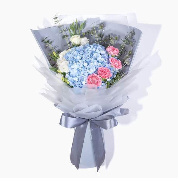 Bouquet of Blue Hydrangeas, Eustomas and Carnations