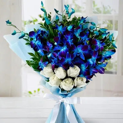Bouquet of blue orchids and white roses in luxury wrapping - for online delivery for your love - birthday anniversary congratulations good-luck - free urgent delivery India - Delhi Mumbai Bangalore Pune Hyderabad Chennai Kolkata Ahmedabad NOIDA Gurugram