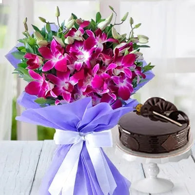 Bouquet of Orchids & Roses, Cake & Chocolate