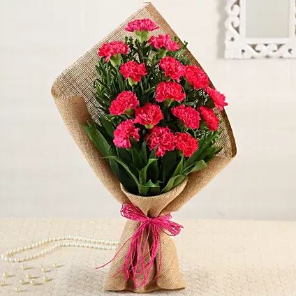 Bouquet of 15 Pink carnation flowers - for birthday anniversary valentine congratulations good-luck - free urgent delivery India - Delhi Mumbai Bangalore Pune Hyderabad Chennai Kolkata Ahmedabad