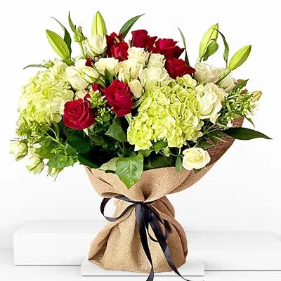 Bouquet of Hydrangeas, Roses and Lilies in luxury wrapping - for online delivery for your love - birthday anniversary congratulations good-luck - free urgent delivery India - Delhi Mumbai Bangalore Pune Hyderabad Chennai Kolkata Ahmedabad NOIDA Gurugram