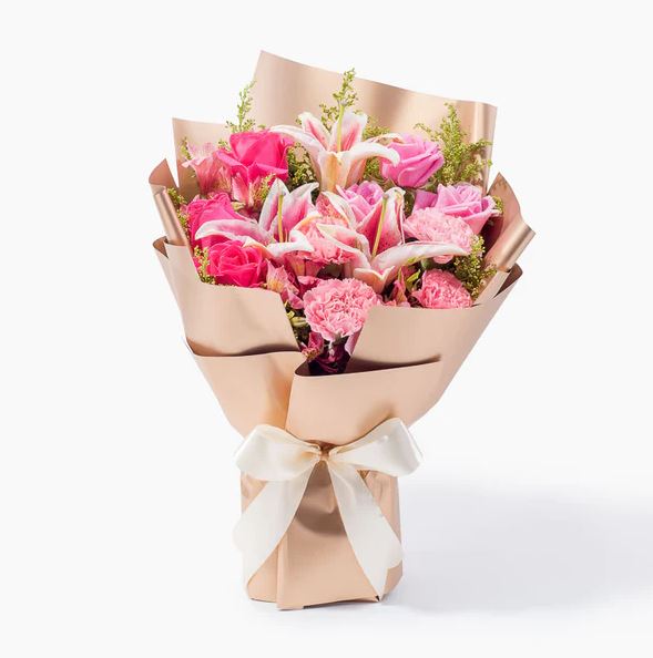 Bouquet of Pretty Pink Lilies, Roses, Carnations and Alstroemeria with fillers - for online delivery for your love - birthday anniversary congratulations good-luck - free urgent delivery India - Delhi Mumbai Bangalore Pune Hyderabad Chennai Kolkata Ahmedabad NOIDA Gurugram