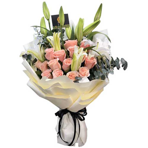 Bouquet of pink roses, white lilies mixed with fillers -for birthday anniversary valentine congratulations good-luck - free urgent delivery India - Delhi Mumbai Bangalore Pune Hyderabad Chennai Kolkata Ahmedabad