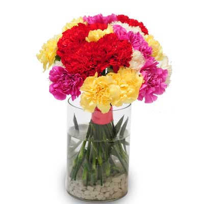 Bouquet of mixed carnations flowers in glass vase - for birthday anniversary valentine congratulations good-luck - free urgent delivery India - Delhi Mumbai Bangalore Pune Hyderabad Chennai Kolkata Ahmedabad