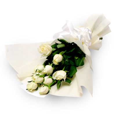 Bouquet of 10 white rose flowers - for congratulations good-luck, get-well-soon - free urgent delivery India - Delhi Mumbai Bangalore Pune Hyderabad Chennai Kolkata Ahmedabad