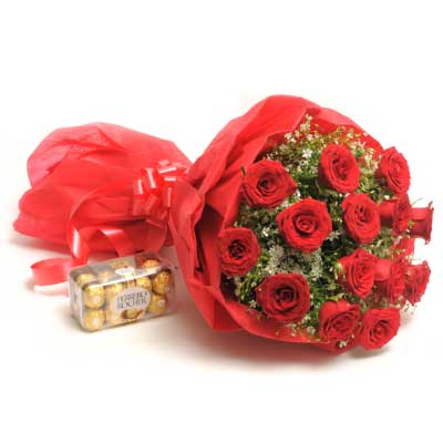 Gift bouquet of long stem red roses flowers with ferrero rocher chocolate - for birthday anniversary valentine - free delivery India - Delhi Mumbai Bangalore Pune Hyderabad Chennai Kolkata Ahmedabad