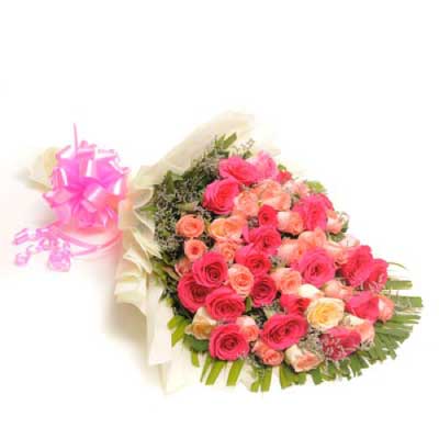 Bouquet of 50 long stem pink and peach roses flowers - for birthday anniversary valentine - free urgent delivery India - Delhi Mumbai Bangalore Pune Hyderabad Chennai Kolkata Ahmedabad