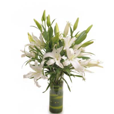 Gift of white asiatic lilies flowers in glass vase - for birthday anniversary valentine - free urgent delivery India - Delhi Mumbai Bangalore Pune Hyderabad Chennai Kolkata Ahmedabad