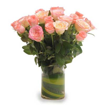 Bouquet of 20 Long Stem Fresh Pink Roses in Glass Vase - for online delivery for your love - birthday anniversary congratulations good-luck - free urgent delivery India - Delhi Mumbai Bangalore Pune Hyderabad Chennai Kolkata Ahmedabad NOIDA Gurugram