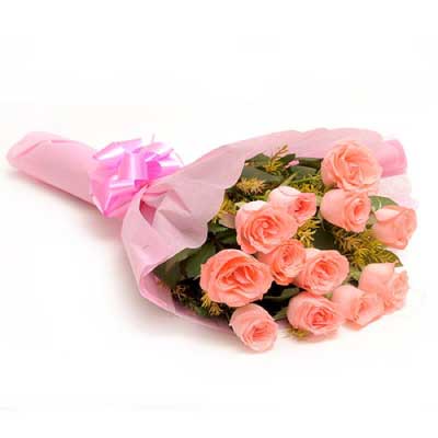 Bouquet of 12 baby fresh pink roses flowers - for birthday anniversary valentine congratulations good-luck - free urgent delivery India - Delhi Mumbai Bangalore Pune Hyderabad Chennai Kolkata Ahmedabad