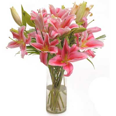 Bouquet of Pink Oriental Lily Flowers in Glass Vase - for online delivery for your love - birthday anniversary congratulations good-luck - free urgent delivery India - Delhi Mumbai Bangalore Pune Hyderabad Chennai Kolkata Ahmedabad NOIDA Gurugram
