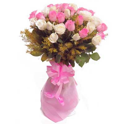 Bouquet of pink and white roses mixed with green fillers - for birthday anniversary valentine congratulations good-luck - free urgent delivery India - Delhi Mumbai Bangalore Pune Hyderabad Chennai Kolkata Ahmedabad