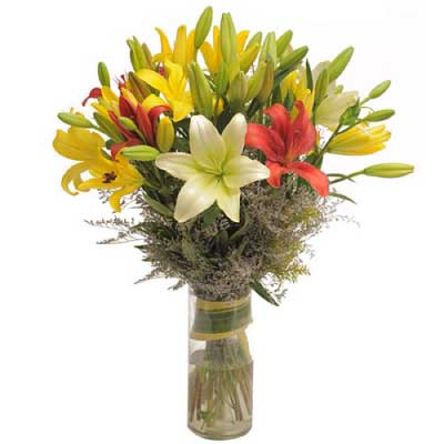 Bouquet of beautiful 12 multicolored lilies flowers - for birthday anniversary valentine congratulations good-luck - free urgent delivery India - Delhi Mumbai Bangalore Pune Hyderabad Chennai Kolkata Ahmedabad