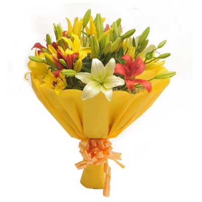 Bouquet of colorful asiatic lilies with green fillers in yellow wrapping- for birthday anniversary valentine congratulations good-luck - free urgent delivery India - Delhi Mumbai Bangalore Pune Hyderabad Chennai Kolkata Ahmedabad