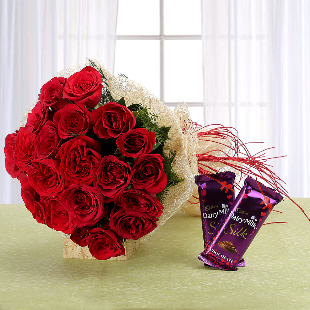 Bouquet of red roses with chocolates - for birthday anniversary valentine congratulations good-luck - free urgent delivery India - Delhi Mumbai Bangalore Pune Hyderabad Chennai Kolkata Ahmedabad