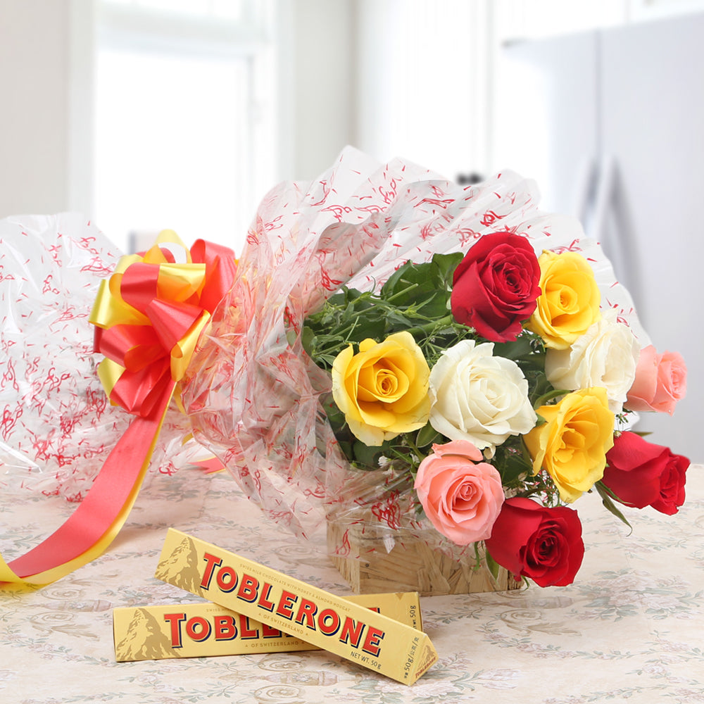 Bouquet of mix roses and chocolate - for birthday anniversary valentine congratulations good-luck - free urgent delivery India - Delhi Mumbai Bangalore Pune Hyderabad Chennai Kolkata Ahmedabad