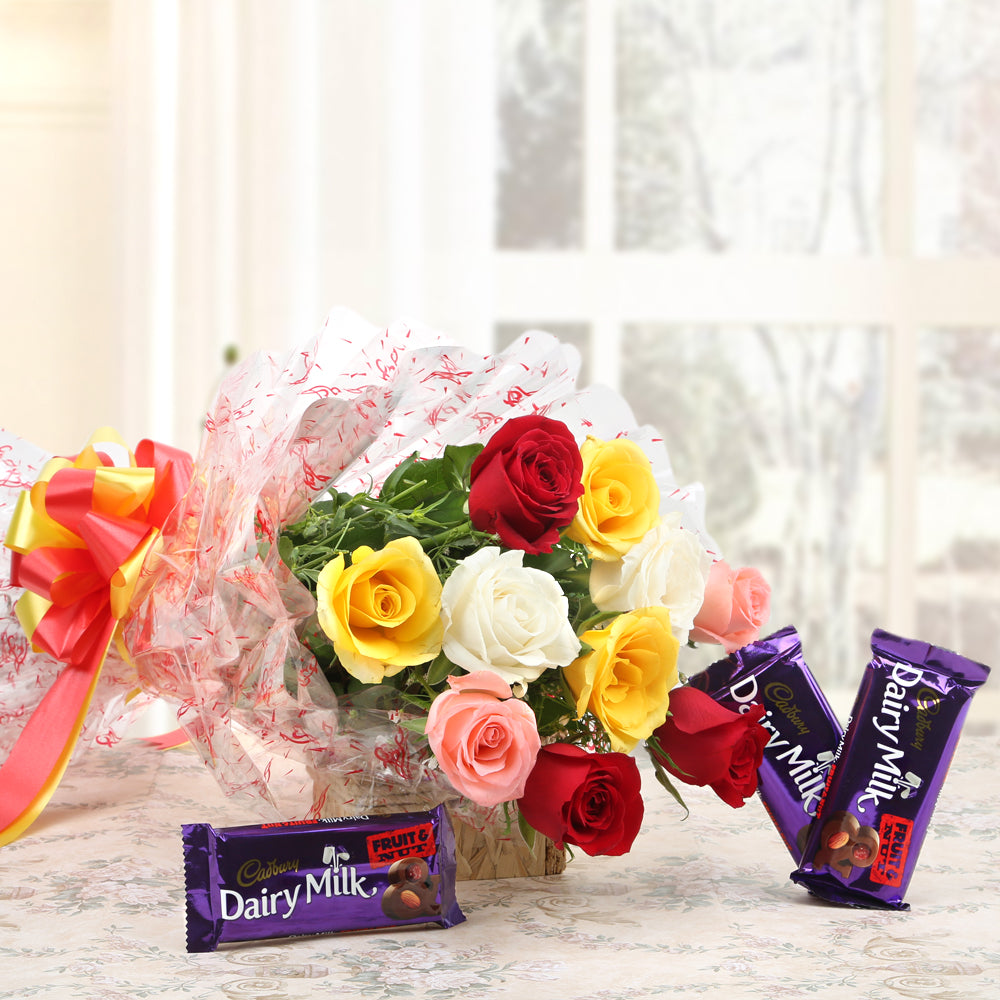 Bouquet of colorful roses with chocolates - for birthday anniversary valentine congratulations good-luck - free urgent delivery India - Delhi Mumbai Bangalore Pune Hyderabad Chennai Kolkata Ahmedabad