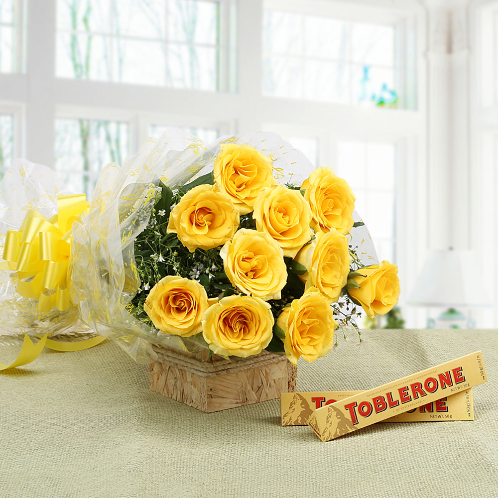 Bouquet of Yellow roses with Toblerone Chocolates. Perfect for someone you like - for online delivery for your love - birthday anniversary congratulations good-luck - free urgent delivery India - Delhi Mumbai Bangalore Pune Hyderabad Chennai Kolkata Ahmedabad NOIDA Gurugram