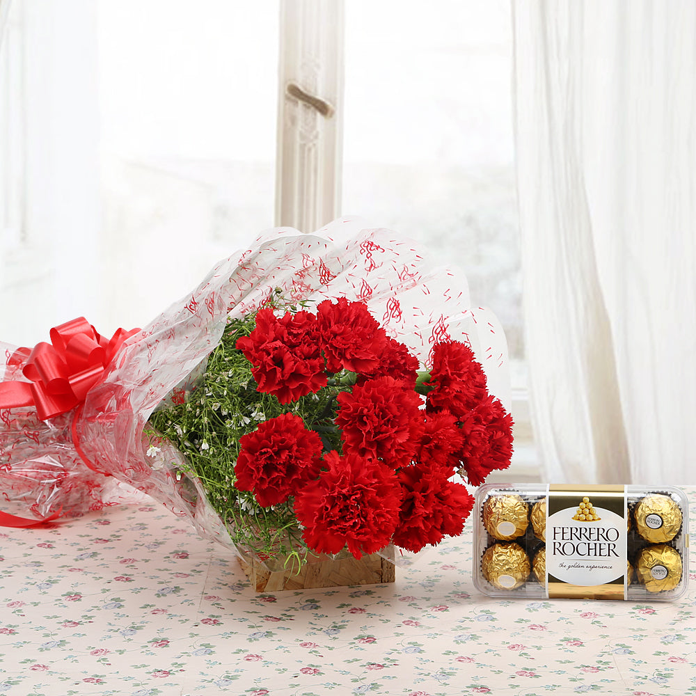 Bouquet of red carnations with ferrero rocher chocolate - for birthday anniversary valentine congratulations good-luck - free urgent delivery India - Delhi Mumbai Bangalore Pune Hyderabad Chennai Kolkata Ahmedabad