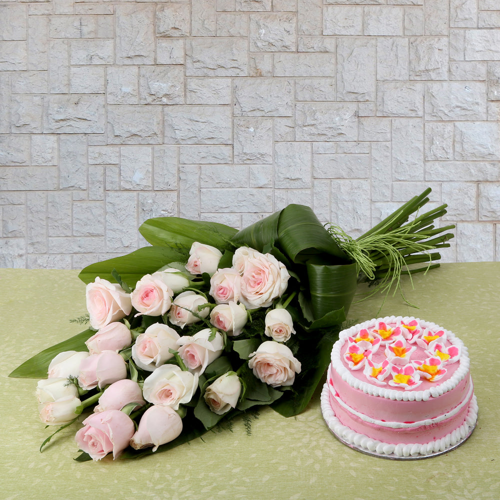 Bouquet of light pink roses Nice Wrapping with a cake- for birthday anniversary valentine congratulations good-luck - free urgent delivery India - Delhi Mumbai Bangalore Pune Hyderabad Chennai Kolkata Ahmedabad