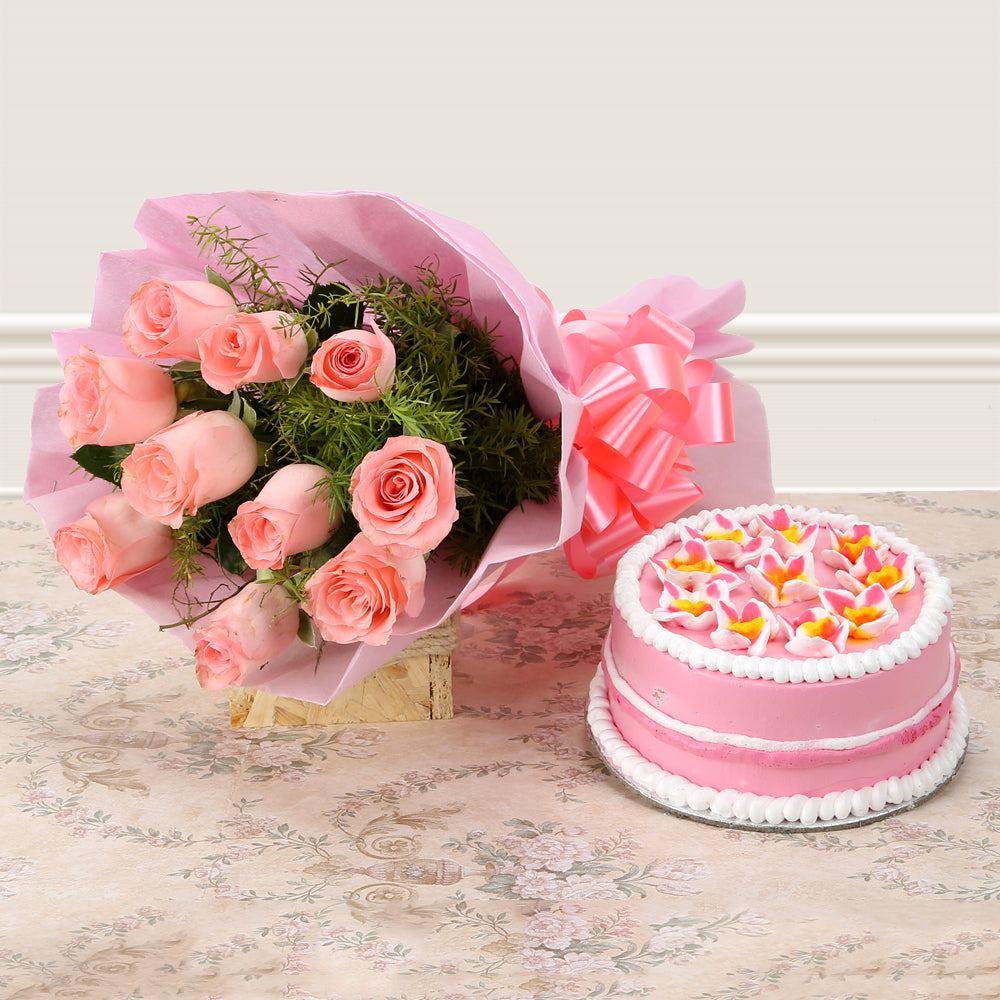 Bouquet of charming pink roses with cake - for birthday anniversary valentine congratulations good-luck - free urgent delivery India - Delhi Mumbai Bangalore Pune Hyderabad Chennai Kolkata Ahmedabad