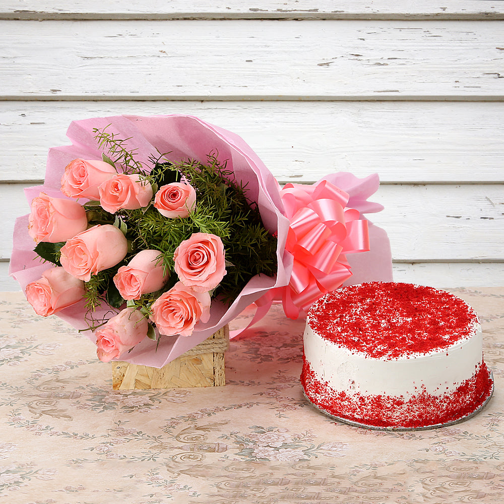 Bouquet of pink roses with red velvet cake - for birthday anniversary valentine congratulations good-luck - free urgent delivery India - Delhi Mumbai Bangalore Pune Hyderabad Chennai Kolkata Ahmedabad