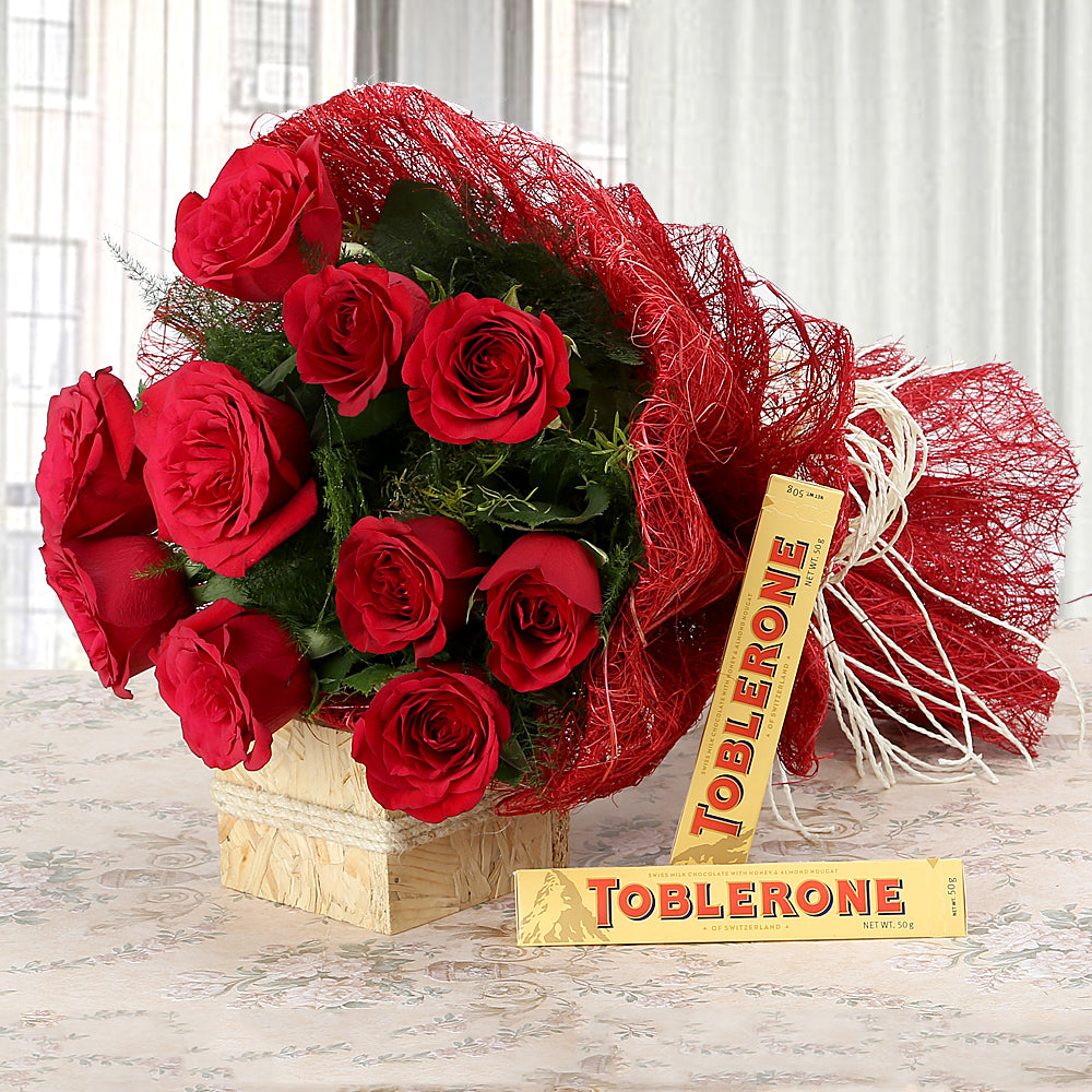 Bouquet of red roses with Toblerone Chocolate - for online delivery for your love - birthday anniversary congratulations good-luck - free urgent delivery India - Delhi Mumbai Bangalore Pune Hyderabad Chennai Kolkata Ahmedabad NOIDA Gurugram