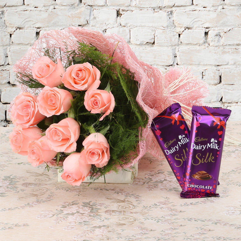 Bouquet of Pink roses with Chocolates - for online delivery for your love - birthday anniversary congratulations good-luck - free urgent delivery India - Delhi Mumbai Bangalore Pune Hyderabad Chennai Kolkata Ahmedabad NOIDA Gurugram