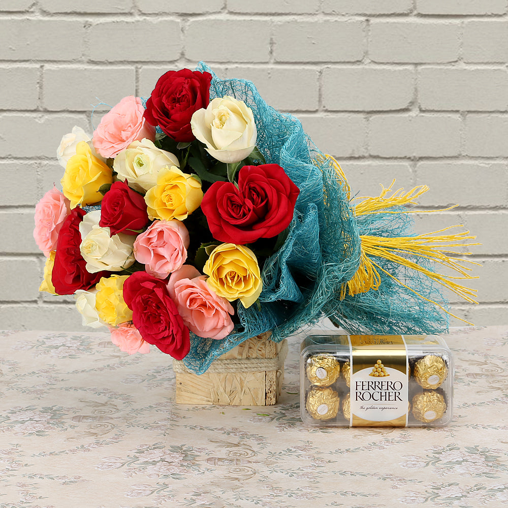 Send Elegant Pink Roses Bouquet with Ferrero Rocher Moment Chocolate Box, Same Day Delivery