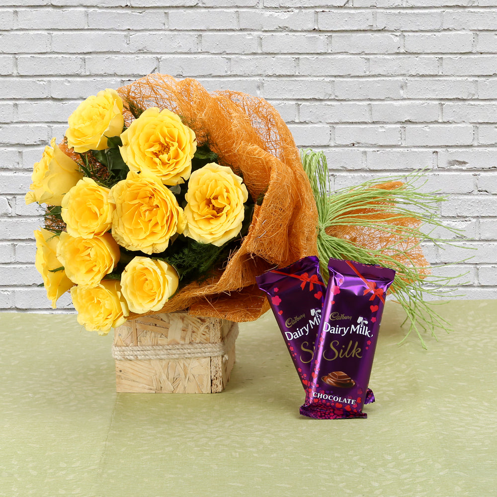 Gift bouquet of yellow roses flowers and chocolates - for birthday anniversary - free delivery India - Delhi Mumbai Bangalore Pune Hyderabad Chennai Kolkata Ahmedabad