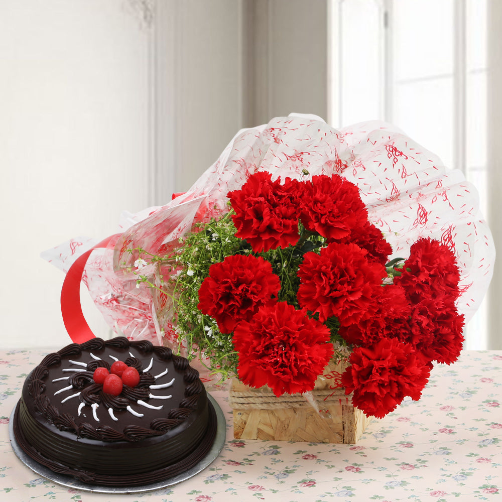 Bouquet of red carnations with chocolate cake - for birthday anniversary valentine congratulations good-luck - free urgent delivery India - Delhi Mumbai Bangalore Pune Hyderabad Chennai Kolkata Ahmedabad
