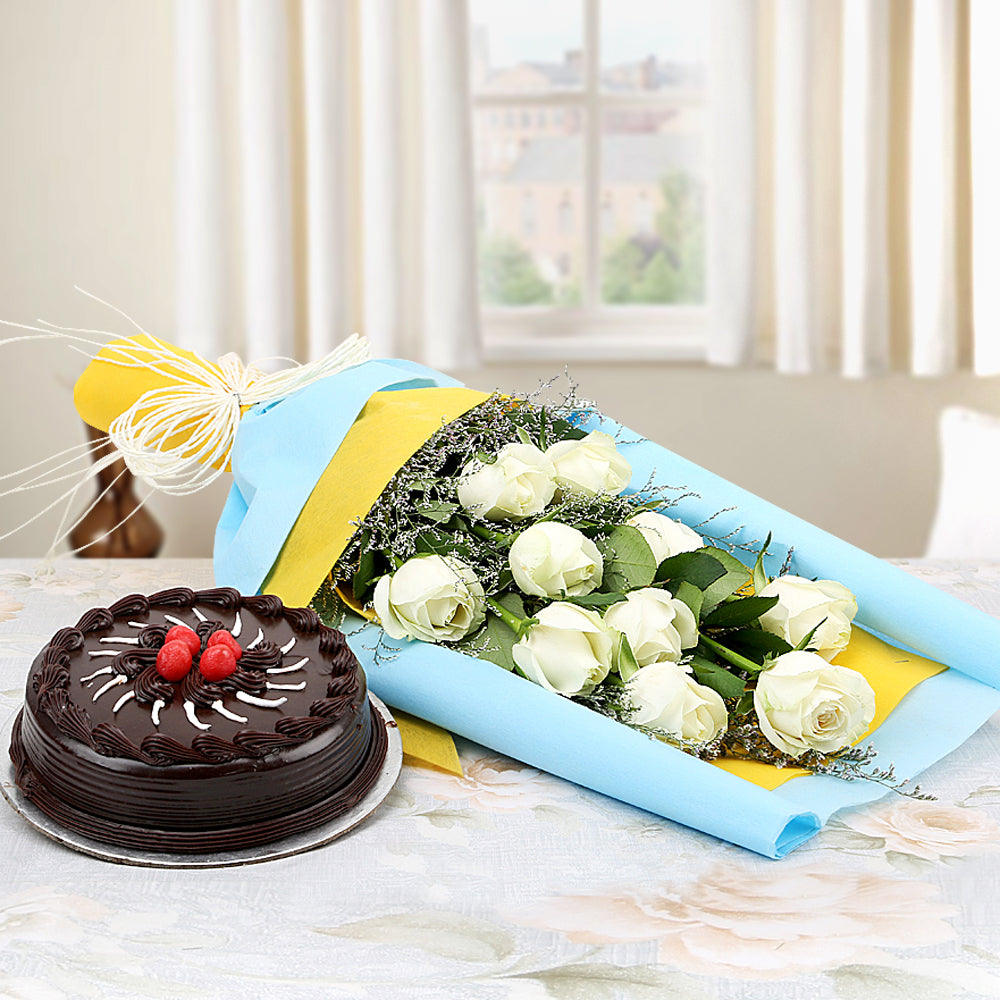 Gift bouquet of white roses flowers with chocolate truffle cake- for birthday anniversary - free delivery India - Delhi Mumbai Bangalore Pune Hyderabad Chennai Kolkata Ahmedabad