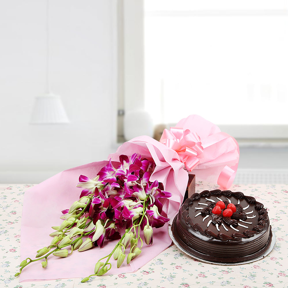 Bouquet of Purple Orchid with Chocolate Truffle Cake - for online delivery for your love - birthday anniversary congratulations good-luck - free urgent delivery India - Delhi Mumbai Bangalore Pune Hyderabad Chennai Kolkata Ahmedabad NOIDA Gurugram