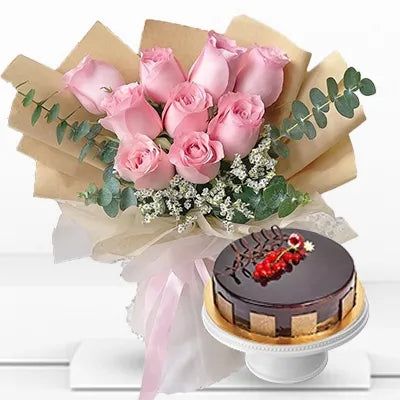 Pink Roses Bouquet With Cake