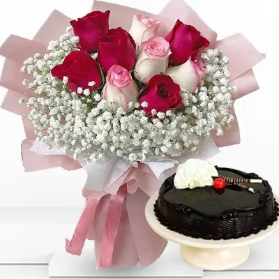Red & Pink Roses Bouquet & Cake