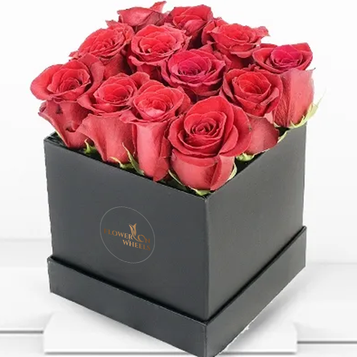 Box of 12 deep fresh red roses flowers - for birthday anniversary valentine congratulations good-luck - free urgent delivery India - Delhi Mumbai Bangalore Pune Hyderabad Chennai Kolkata Ahmedabad