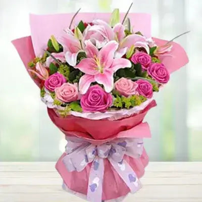Pink Bouquet of Roses and Lilies with Fillers