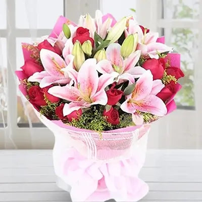 Bouquet of Pink Lilies and  Red Roses