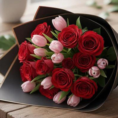 Pink Tulips and Red Roses Bouquet