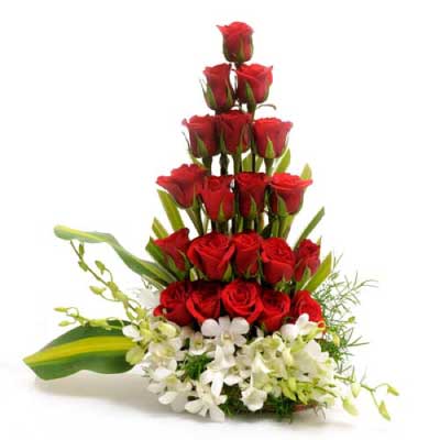 Basket Arrangement of Red Roses with White Orchids