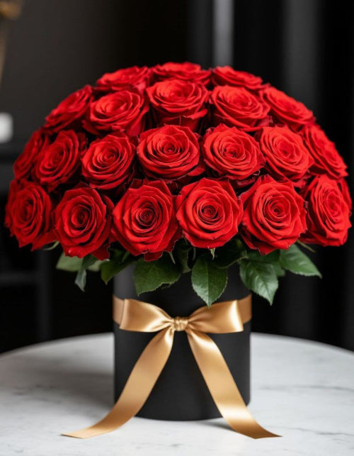 Bouquet of red roses in a black container with a gold ribbon on a marble surface.

