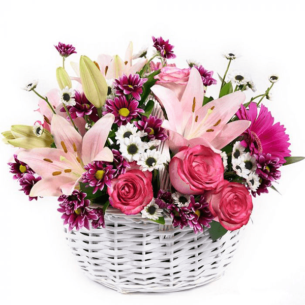 Charming Basket Arrangement of Lilies, Daisies, Roses and Gerberas