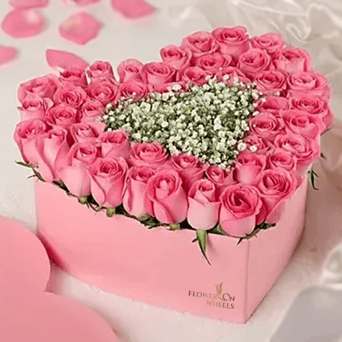45 Stems Of Pink Roses with Gypsophila in a Heart Shape Box