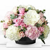 7 Stems of Pink and White Hydrangeas and 10 Stems of Pink Roses in a Black Box