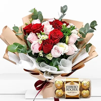 Red and Pink Roses with Ferrero Rocher Chocolates